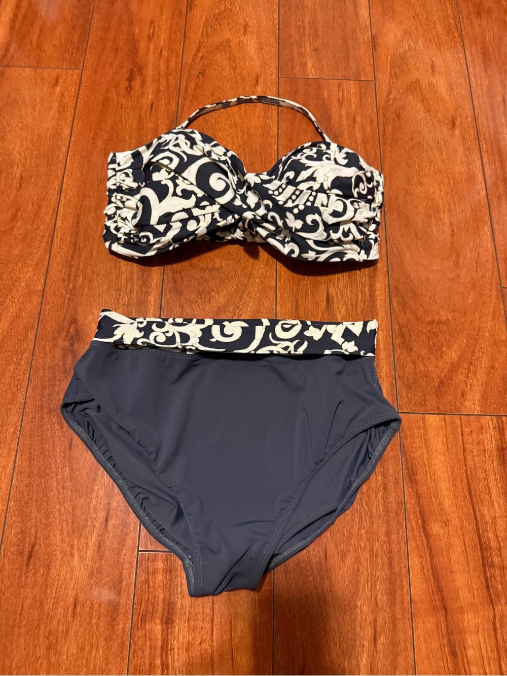 TARA GRINNA Navy & Cream Bandeau High-Waist Bikini Set